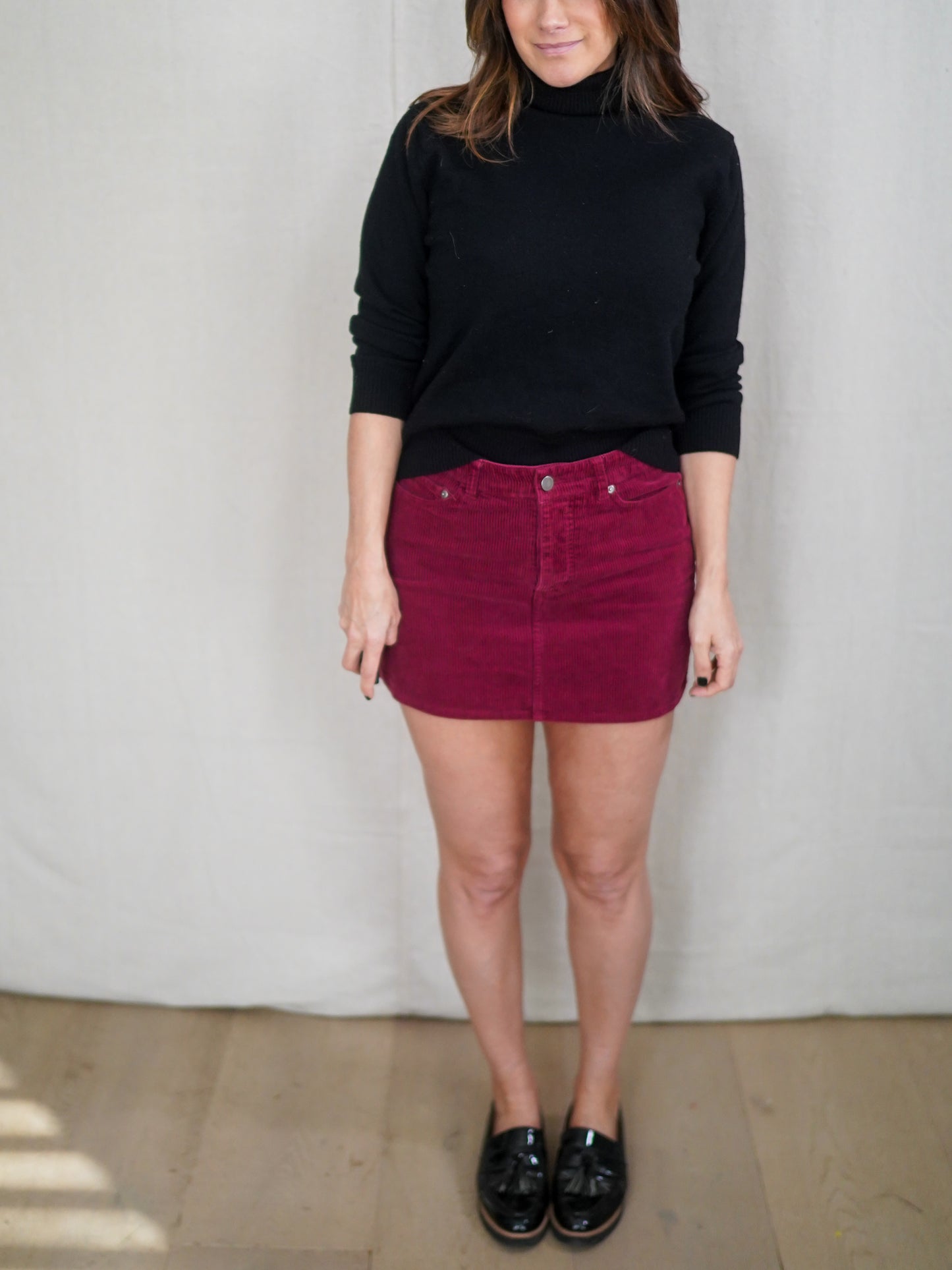 Burgundy Corduroy Mini Skirt • 90s Pocket Front A-Line