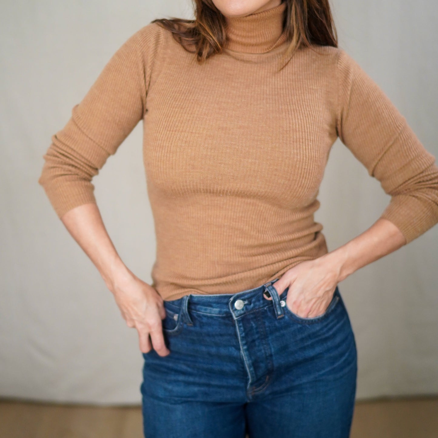 Vintage Ribbed Camel Turtleneck Long Sleeve Knit Top