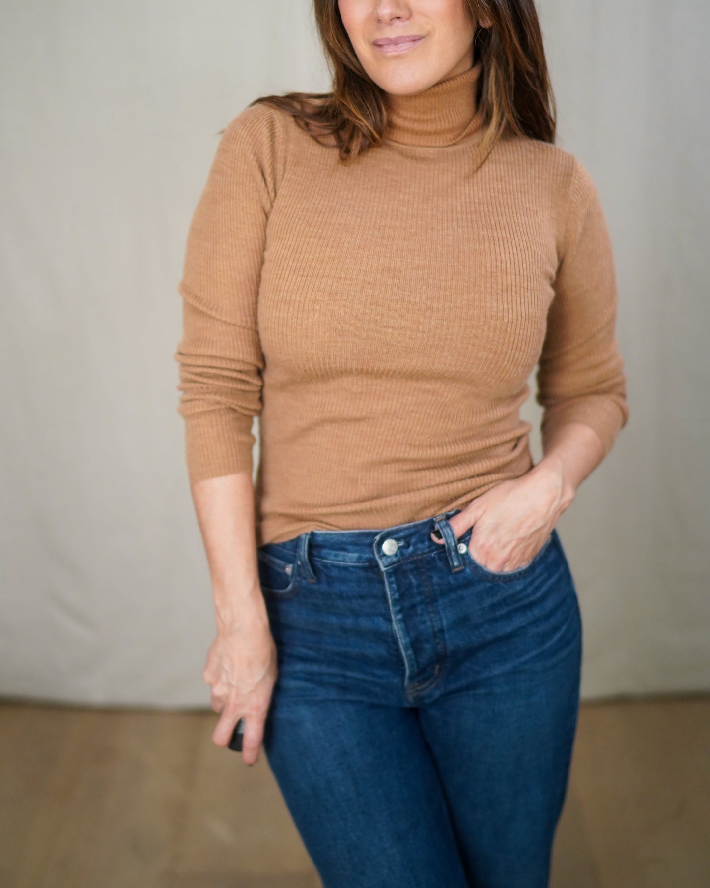 Vintage Ribbed Camel Turtleneck Long Sleeve Knit Top