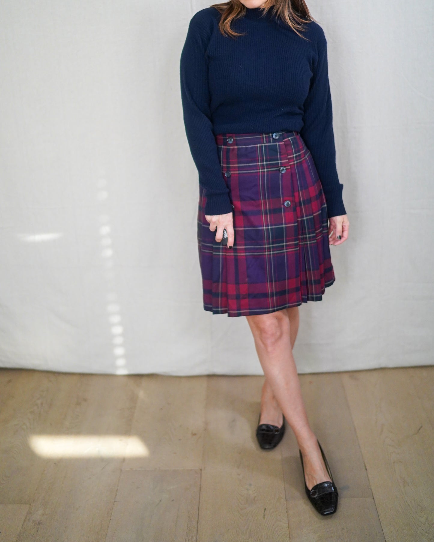 Vintage Hilary Charles Plaid Button-Front Wool Mini Skirt