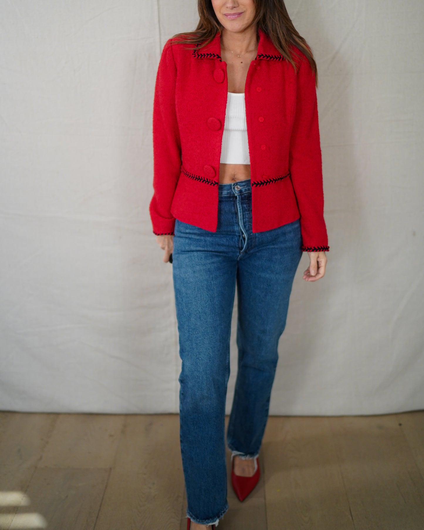 Vintage Cherry Red Bouclé Button Jacket