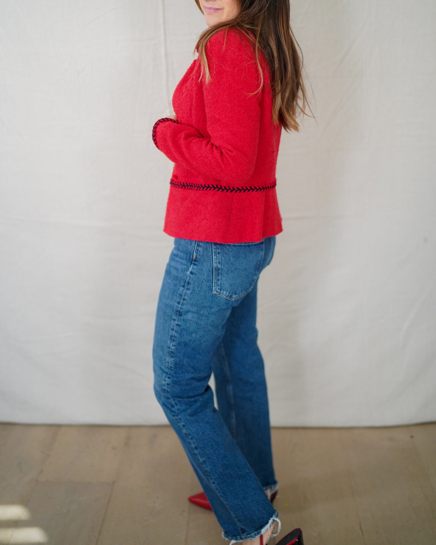 Vintage Cherry Red Bouclé Button Jacket