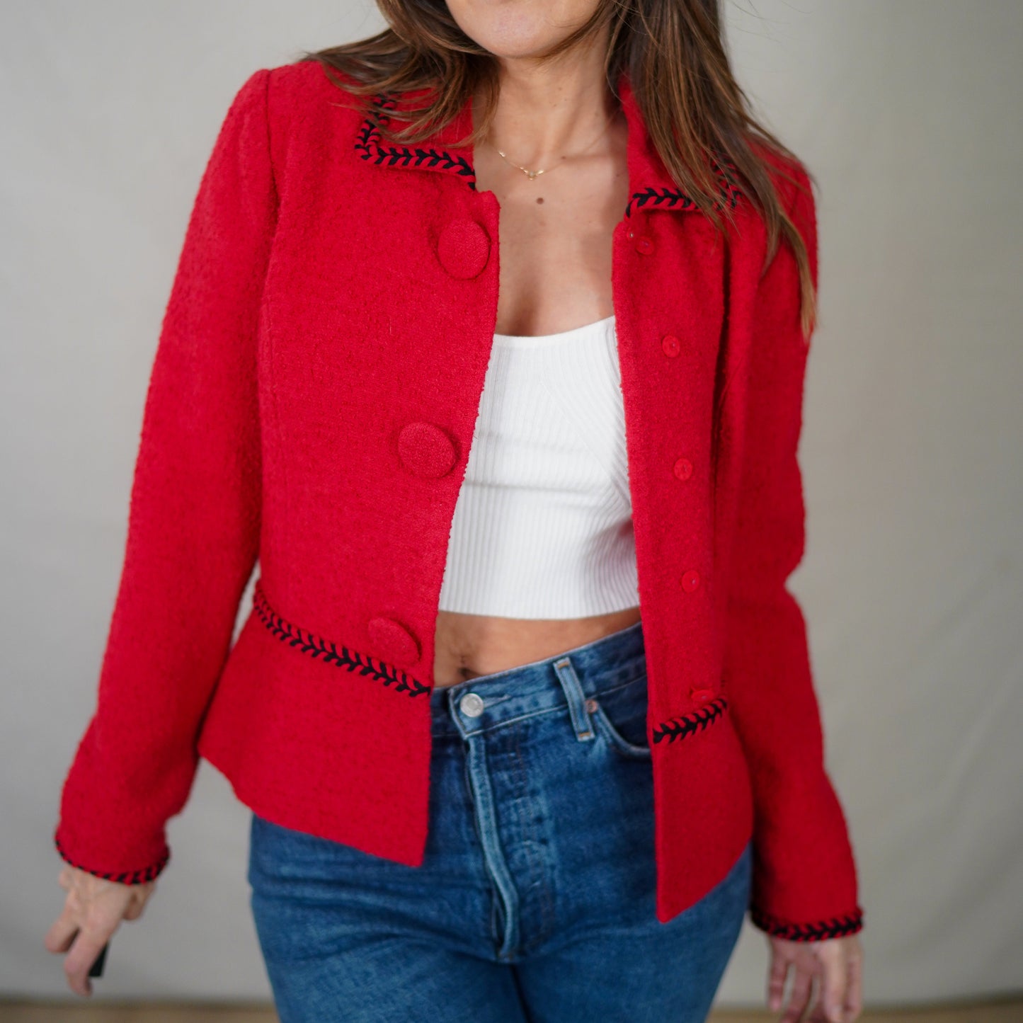 Vintage Cherry Red Bouclé Button Jacket