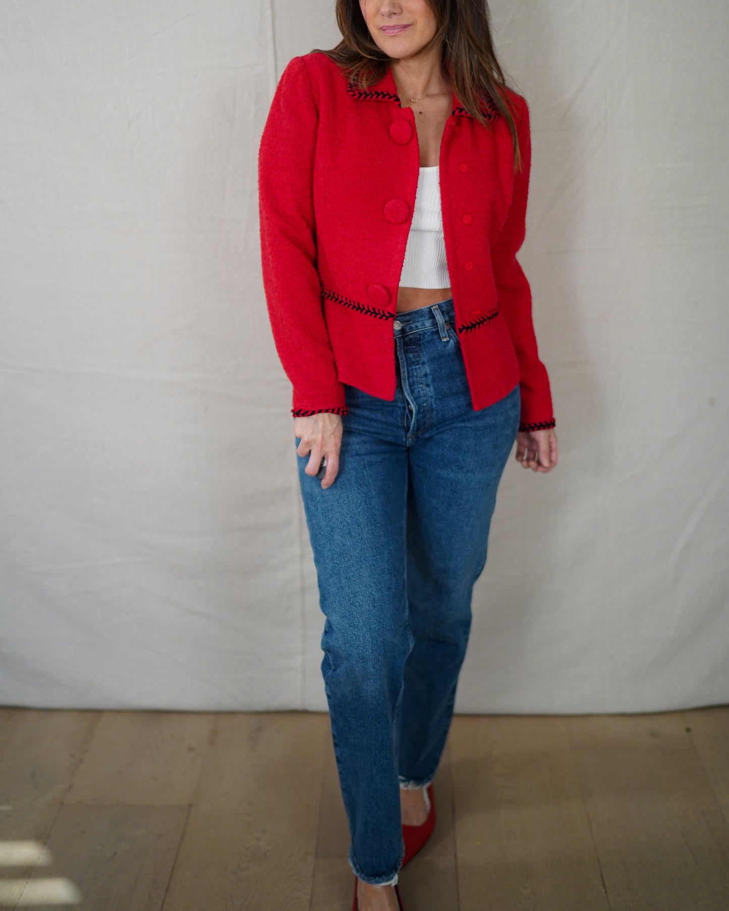 Vintage Cherry Red Bouclé Button Jacket