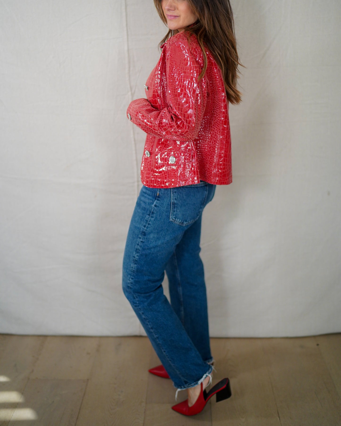 Vintage Glossy Red Croc Leather Jacket Y2K