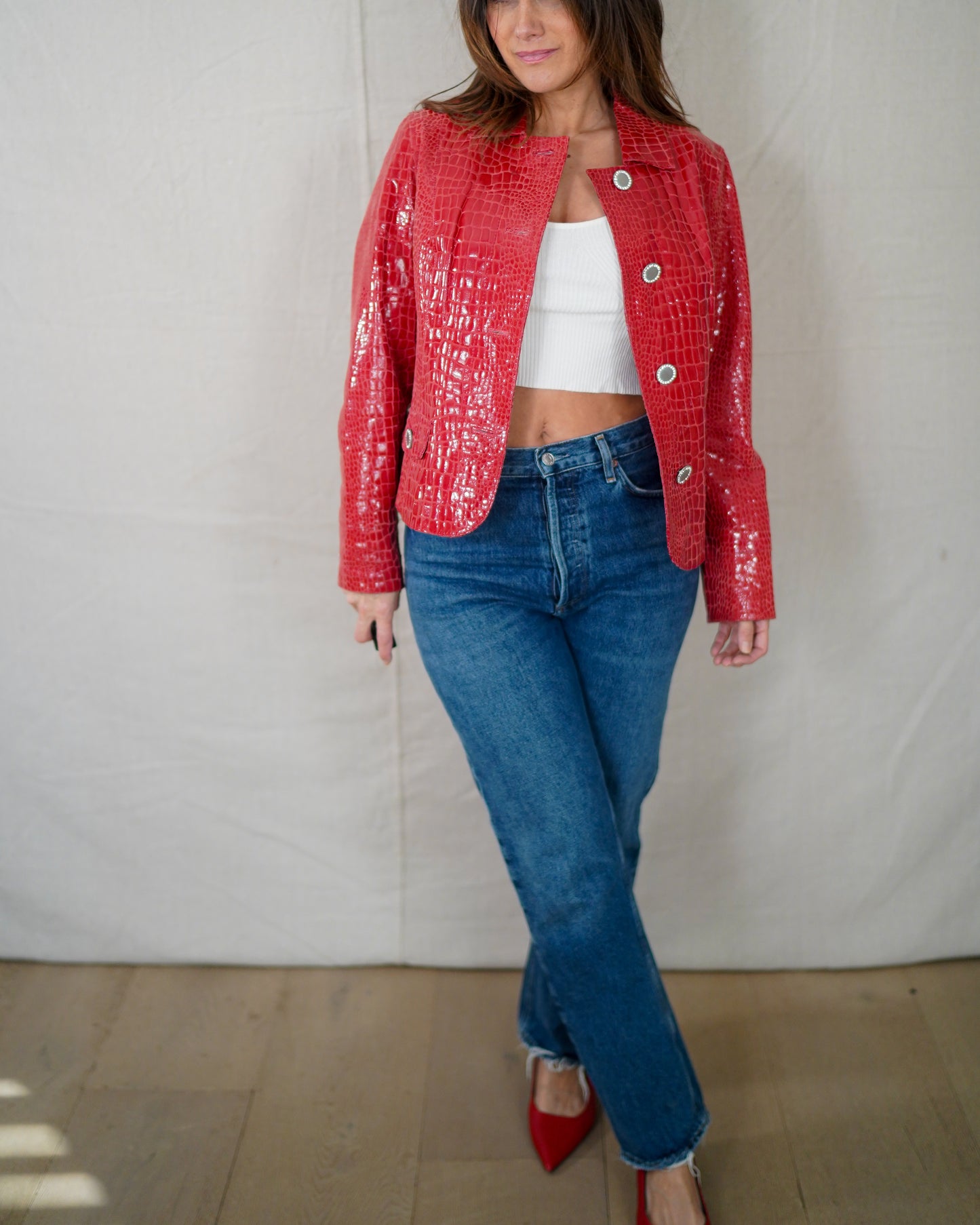 Vintage Glossy Red Croc Leather Jacket Y2K