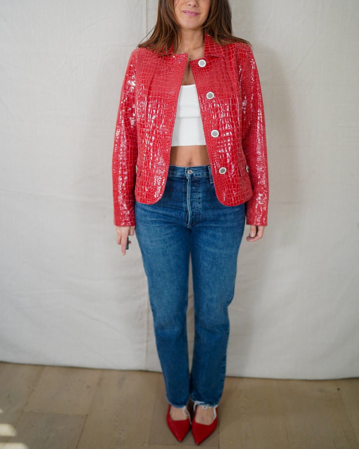 Vintage Glossy Red Croc Leather Jacket Y2K