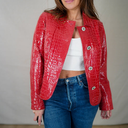 Vintage Glossy Red Croc Leather Jacket Y2K