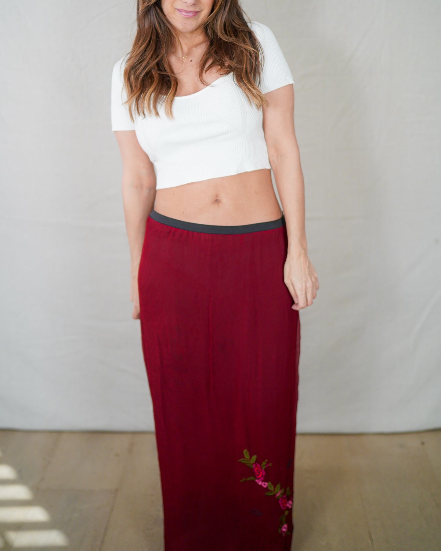 Vintage Carole Little Silk Rose Embroidered Maxi Skirt