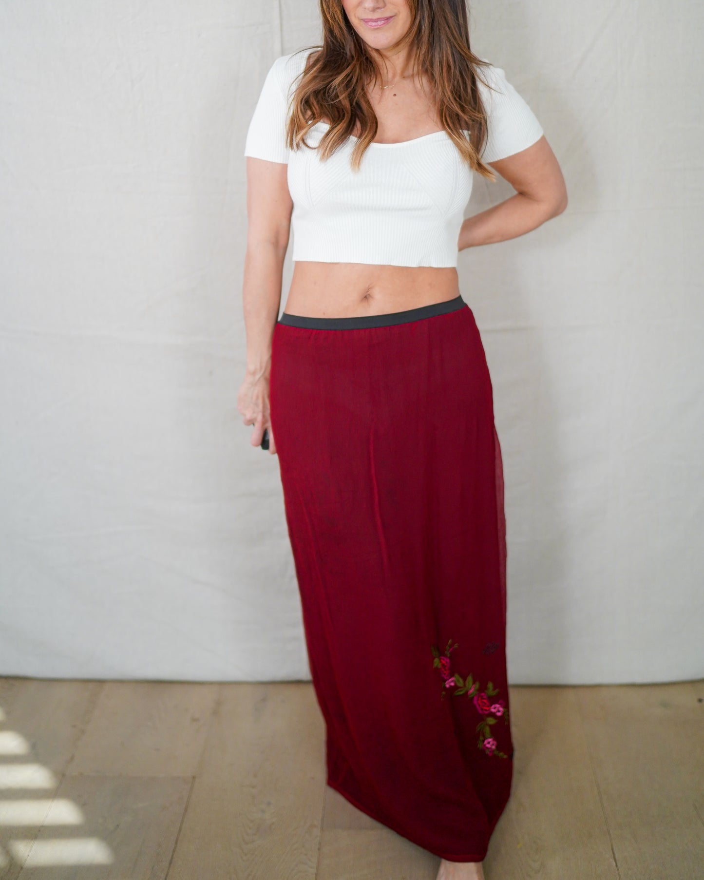 Vintage Carole Little Silk Rose Embroidered Maxi Skirt