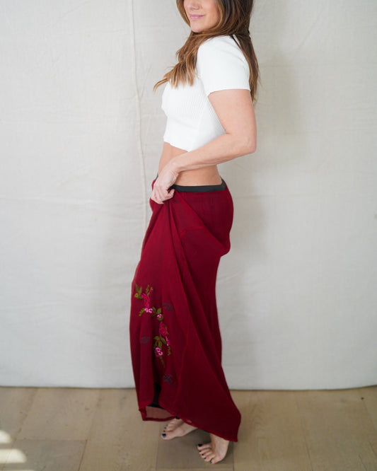 Vintage Carole Little Silk Rose Embroidered Maxi Skirt