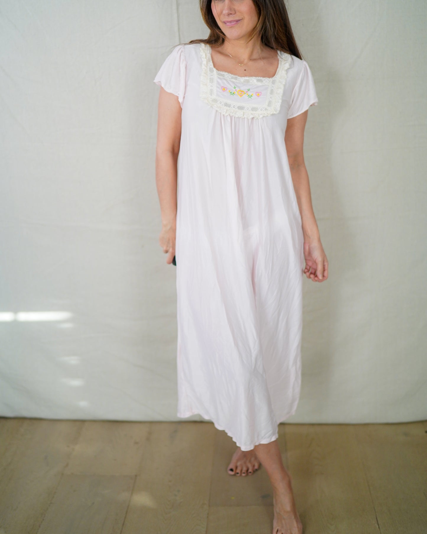 Vintage Embroidered Heart Nightgown — Soft Pink