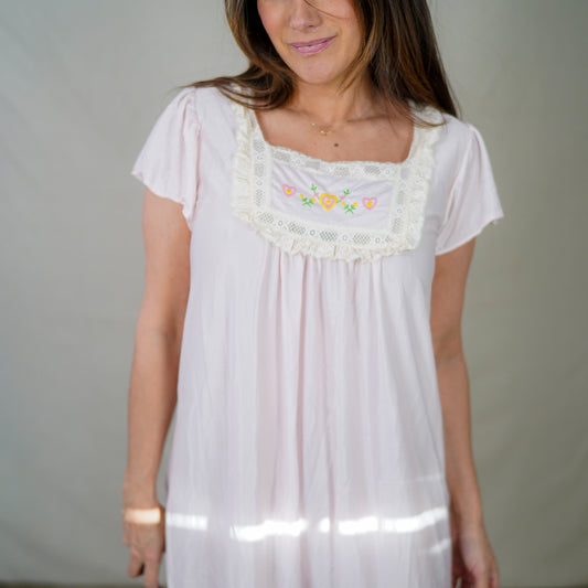 Vintage Embroidered Heart Nightgown — Soft Pink