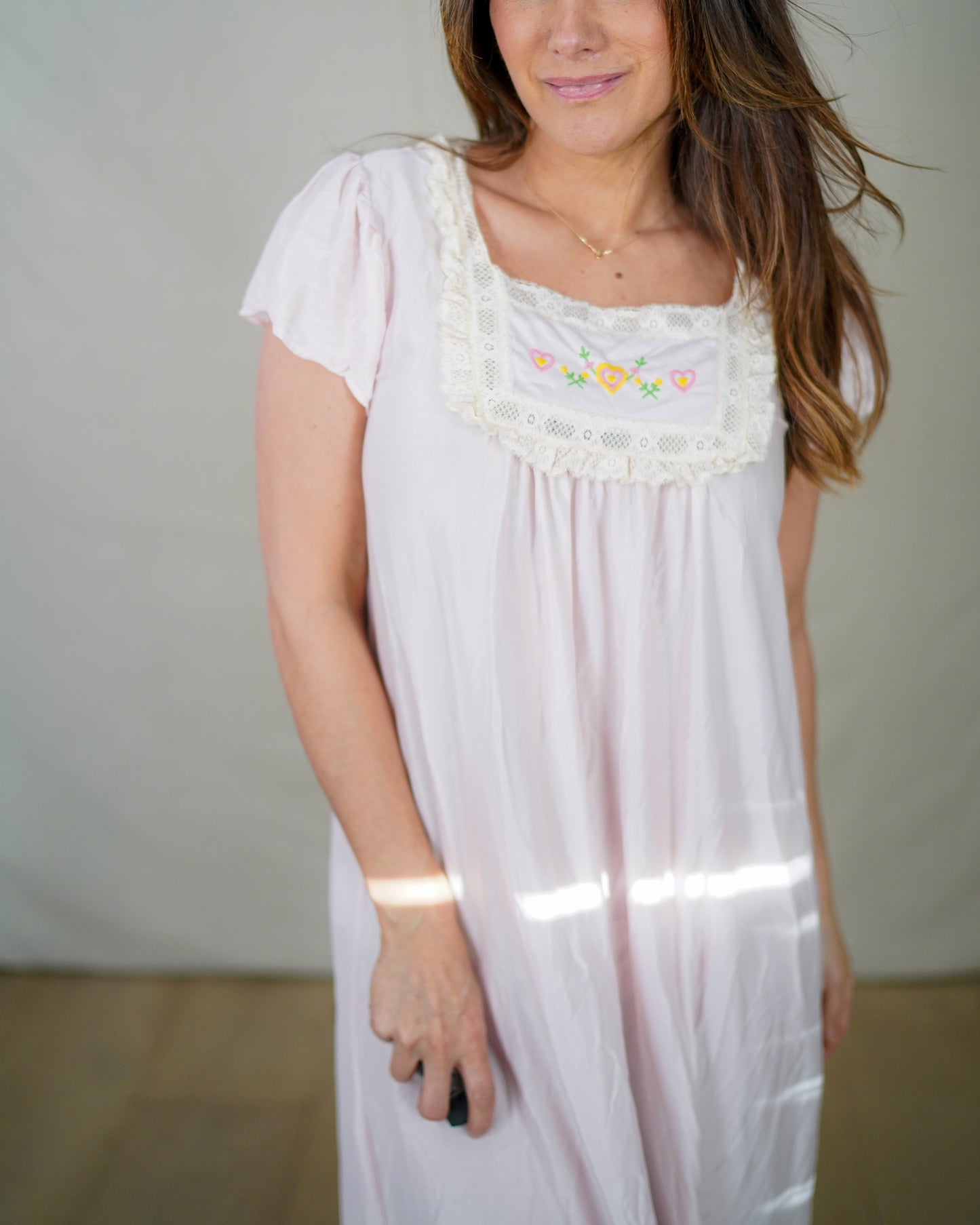 Vintage Embroidered Heart Nightgown — Soft Pink