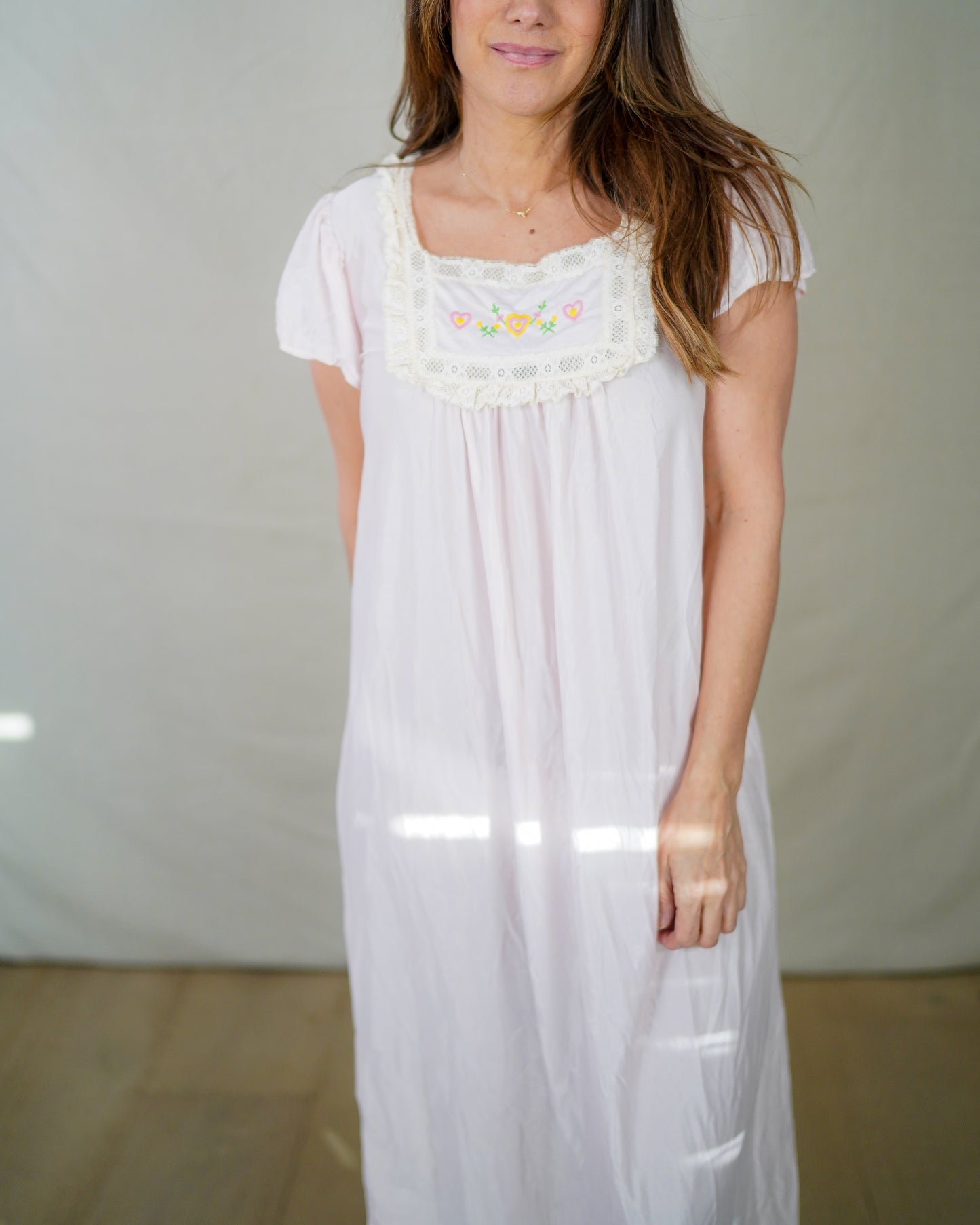 Vintage Embroidered Heart Nightgown — Soft Pink