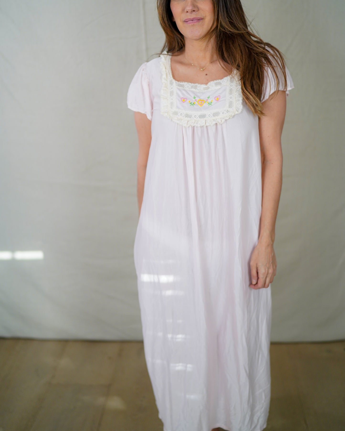 Vintage Embroidered Heart Nightgown — Soft Pink