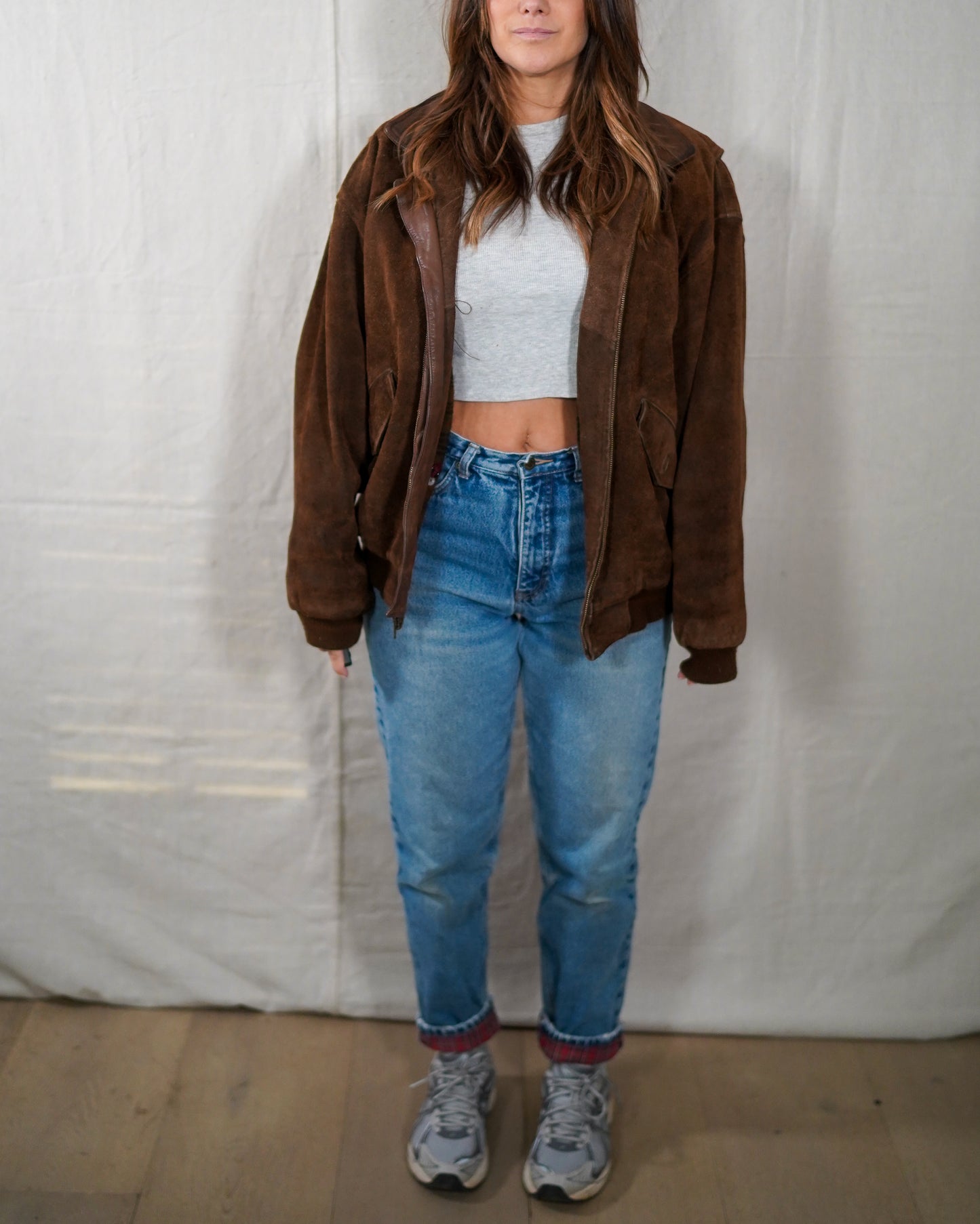 Vintage Suede Bomber Jacket Leather Collar Plaid Lining Brown Size M