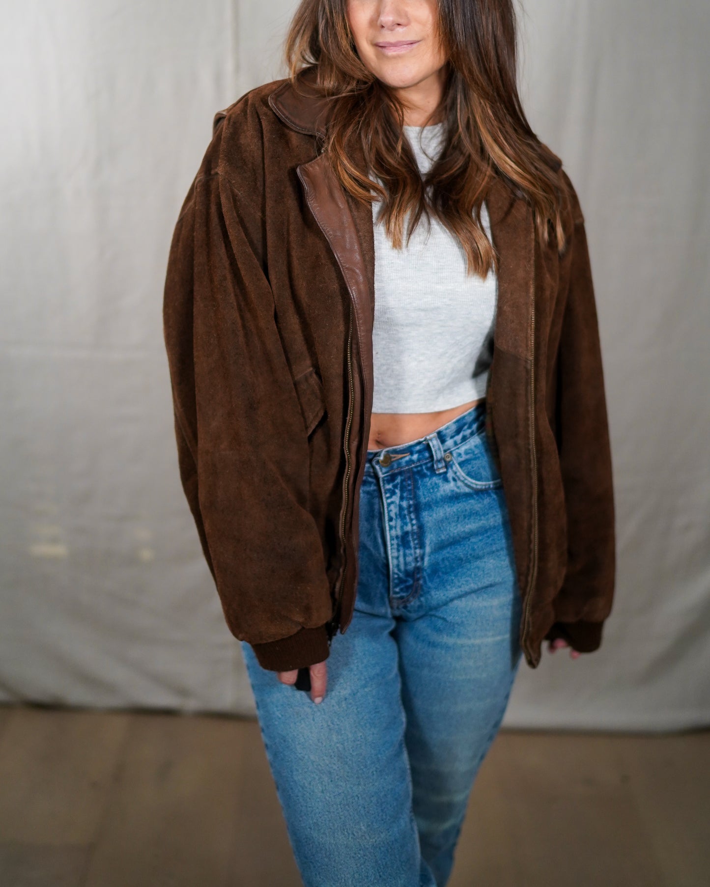 Vintage Suede Bomber Jacket Leather Collar Plaid Lining Brown Size M