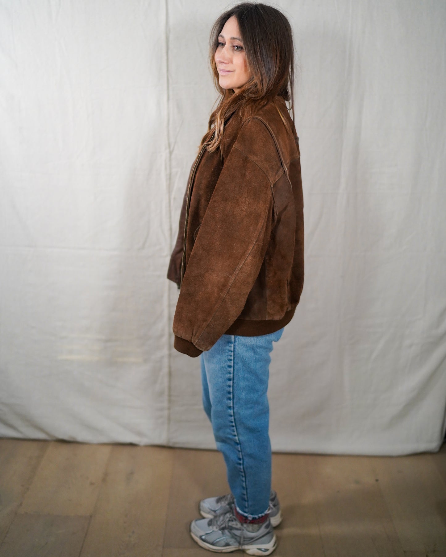 Vintage Suede Bomber Jacket Leather Collar Plaid Lining Brown Size M