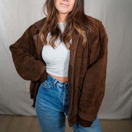 Vintage Suede Bomber Jacket Leather Collar Plaid Lining Brown Size M