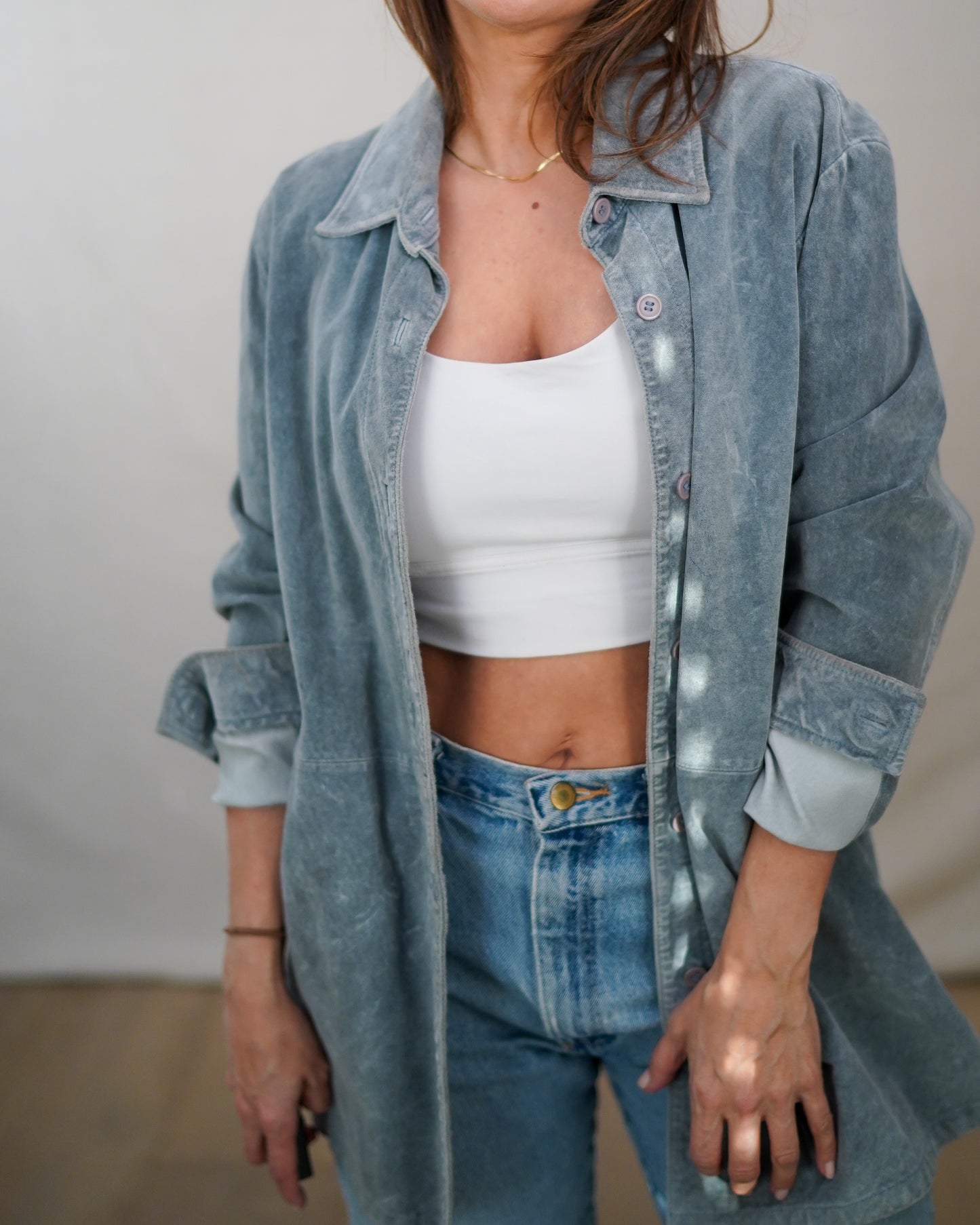 Brandon Thomas Suede Leather Shirt Jacket – Slate Blue – XL