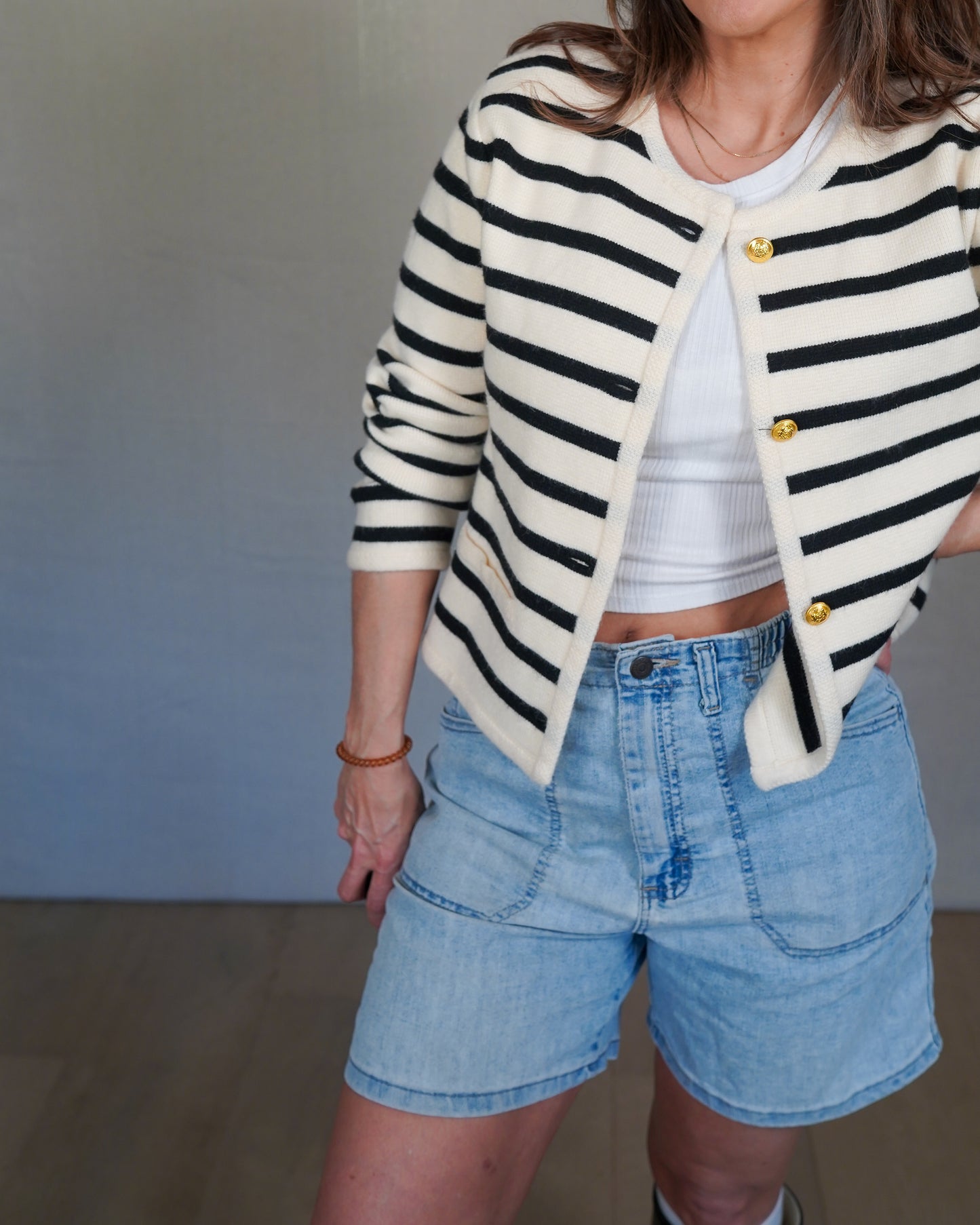 Striped Wool Blend Sailor Cardigan Fisherman core Navy Cream