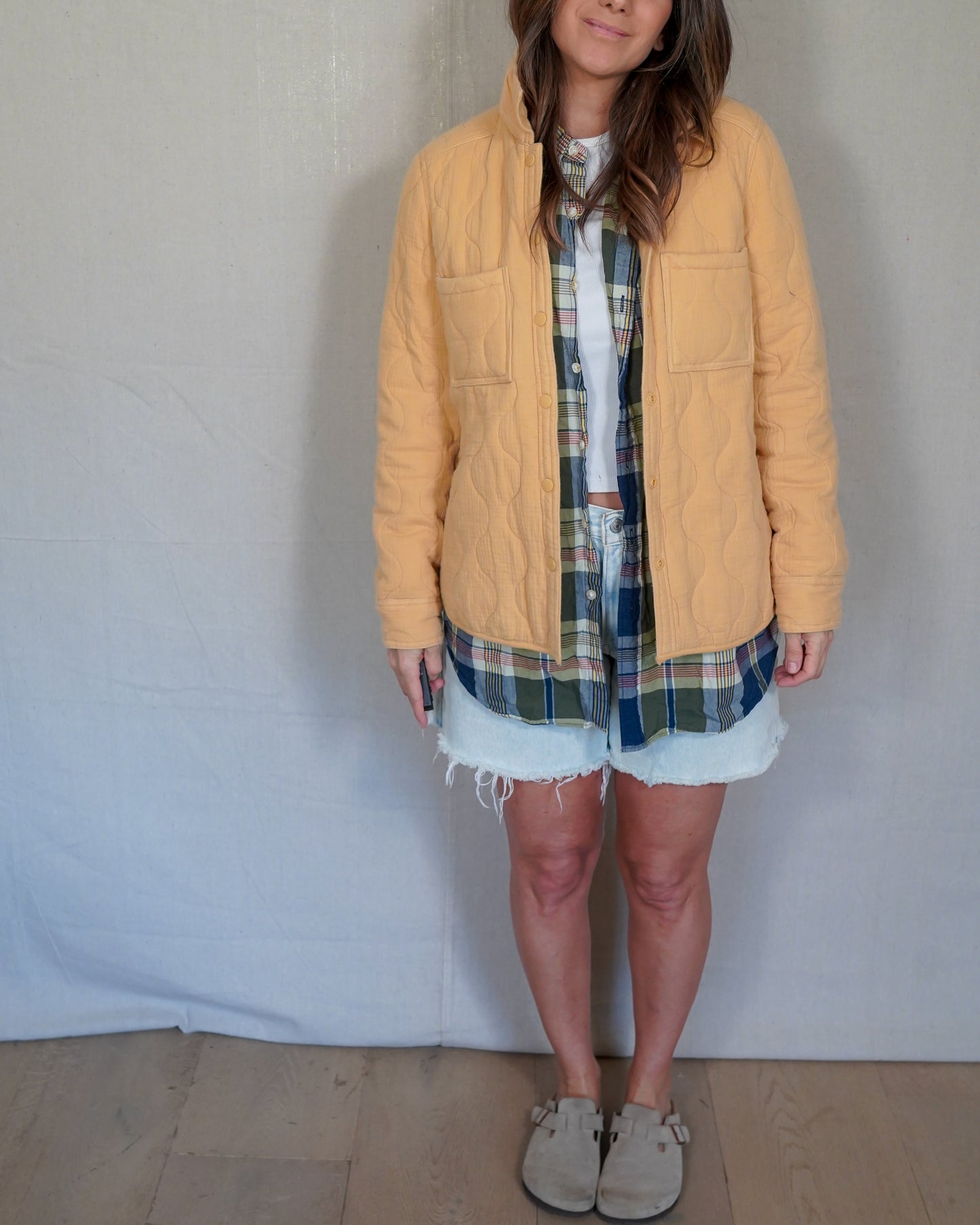 Yellow Quilted Liner Jacket / Lightweight Utility Coat / Minimal Workwear Layer