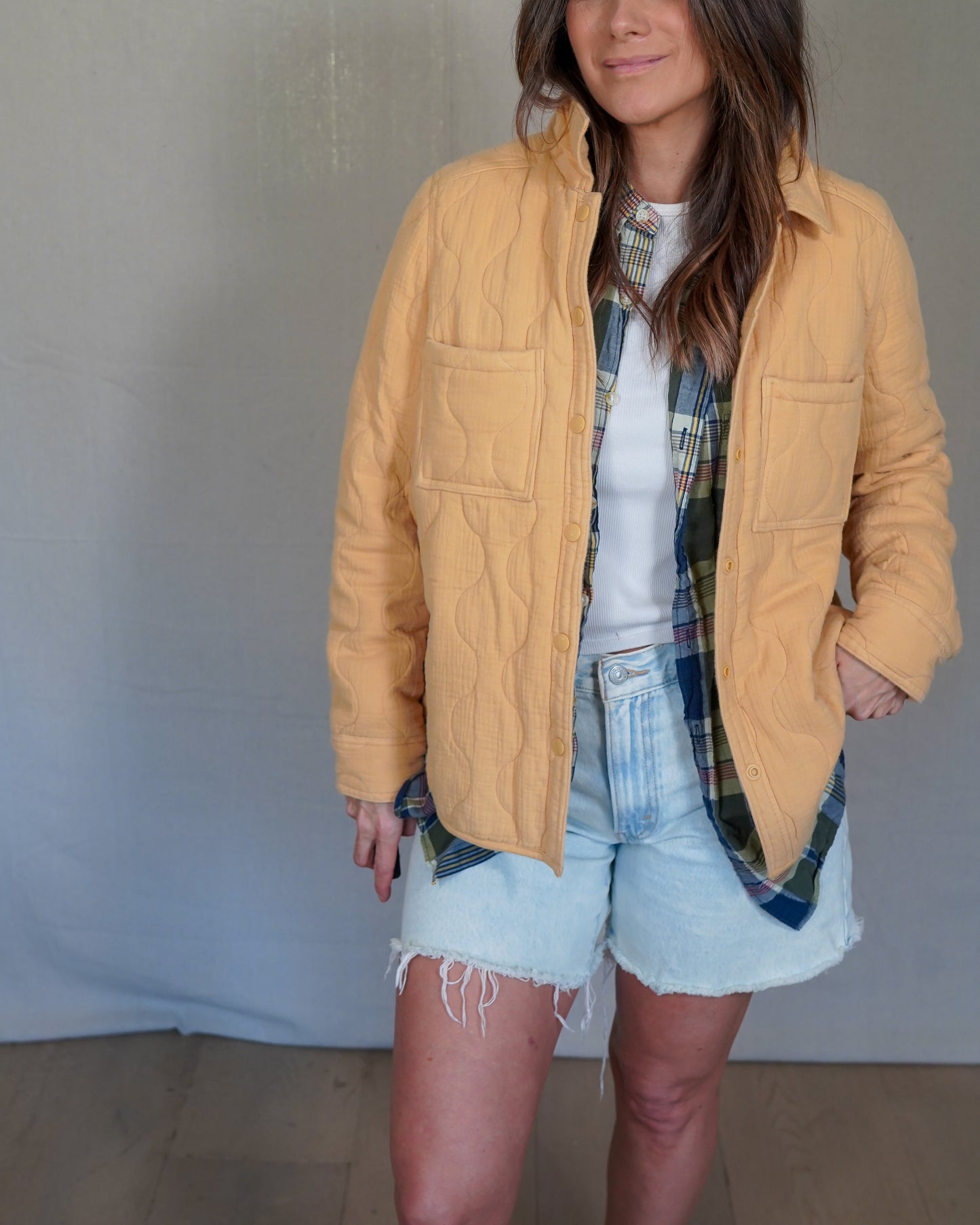 Yellow Quilted Liner Jacket / Lightweight Utility Coat / Minimal Workwear Layer
