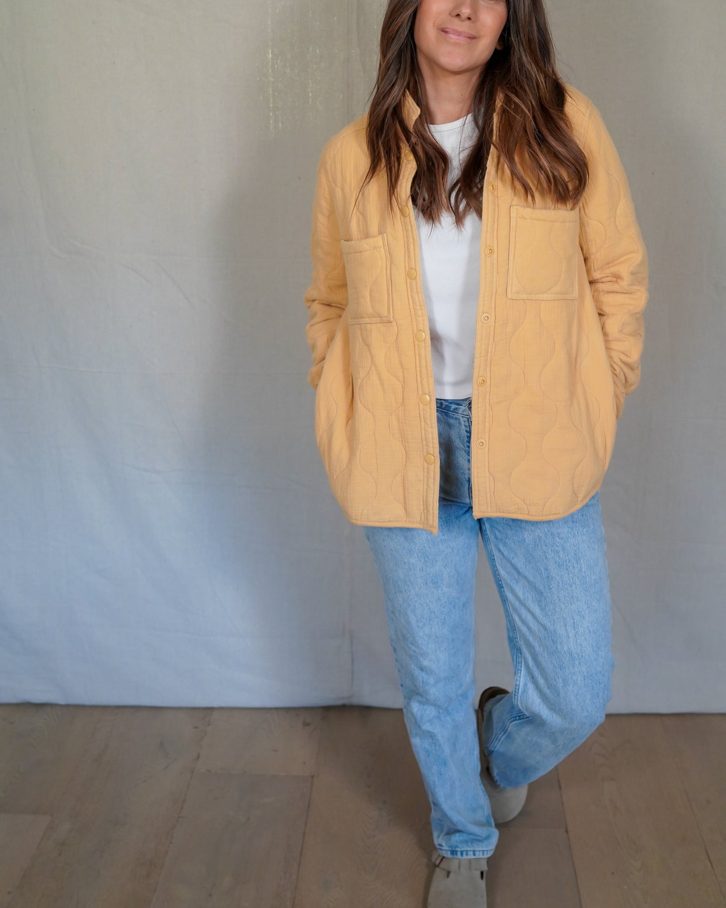 Yellow Quilted Liner Jacket / Lightweight Utility Coat / Minimal Workwear Layer
