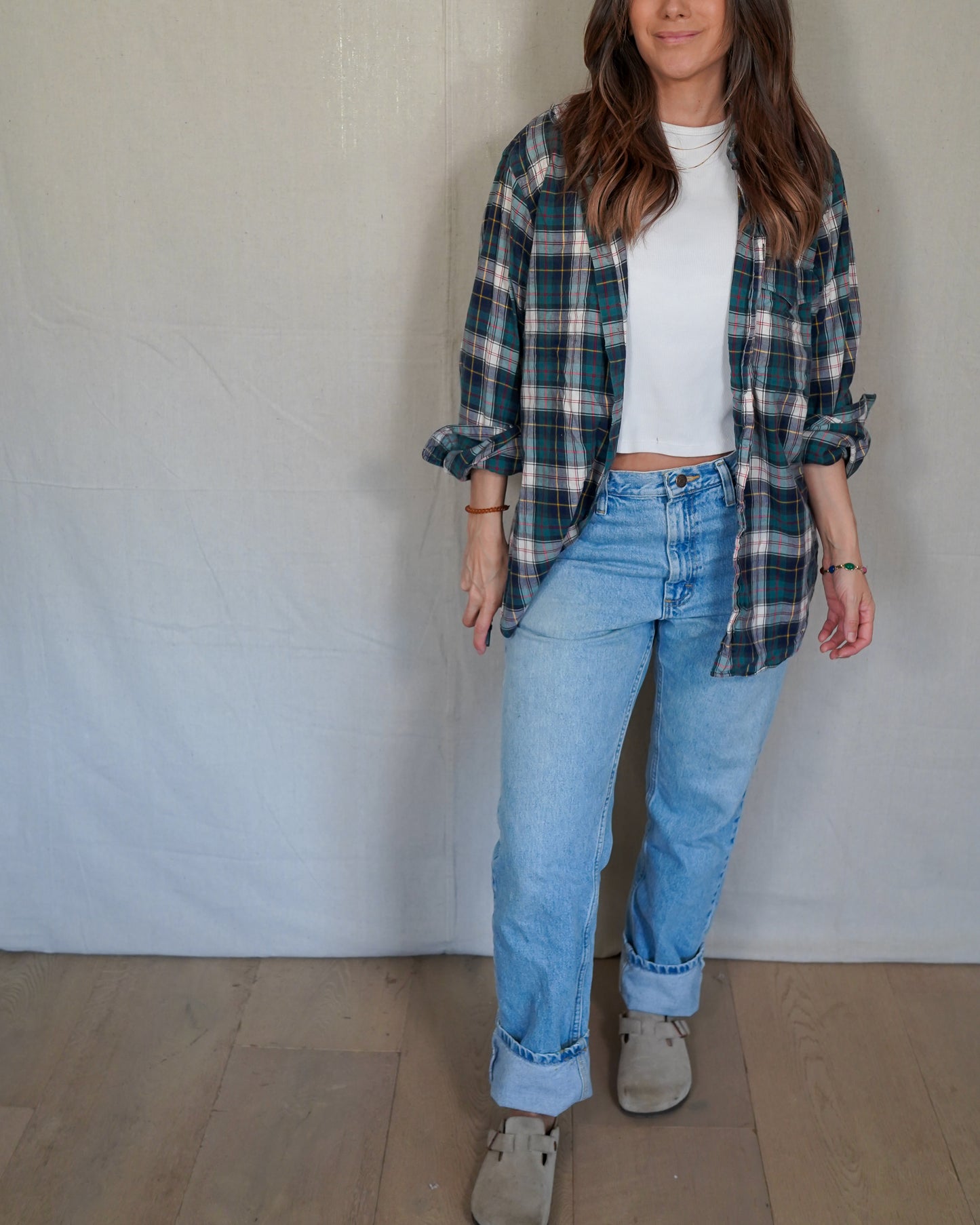 Vintage Plaid Button Down Shirt / Green Navy Tartan / 100% Cotton / Made in USA