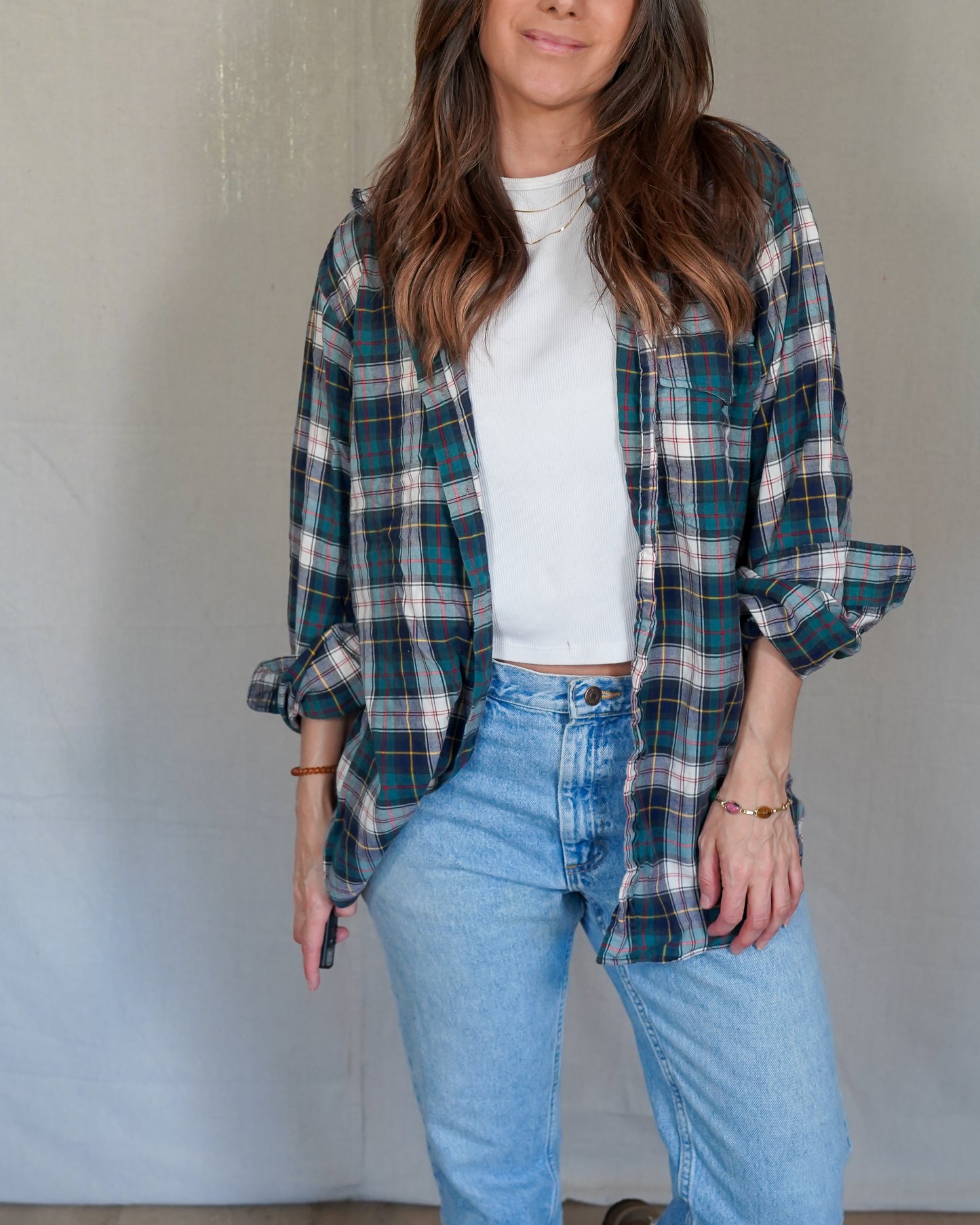 Vintage Plaid Button Down Shirt / Green Navy Tartan / 100% Cotton / Made in USA
