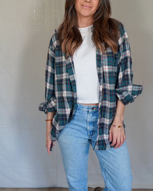 Vintage Plaid Button Down Shirt / Green Navy Tartan / 100% Cotton / Made in USA