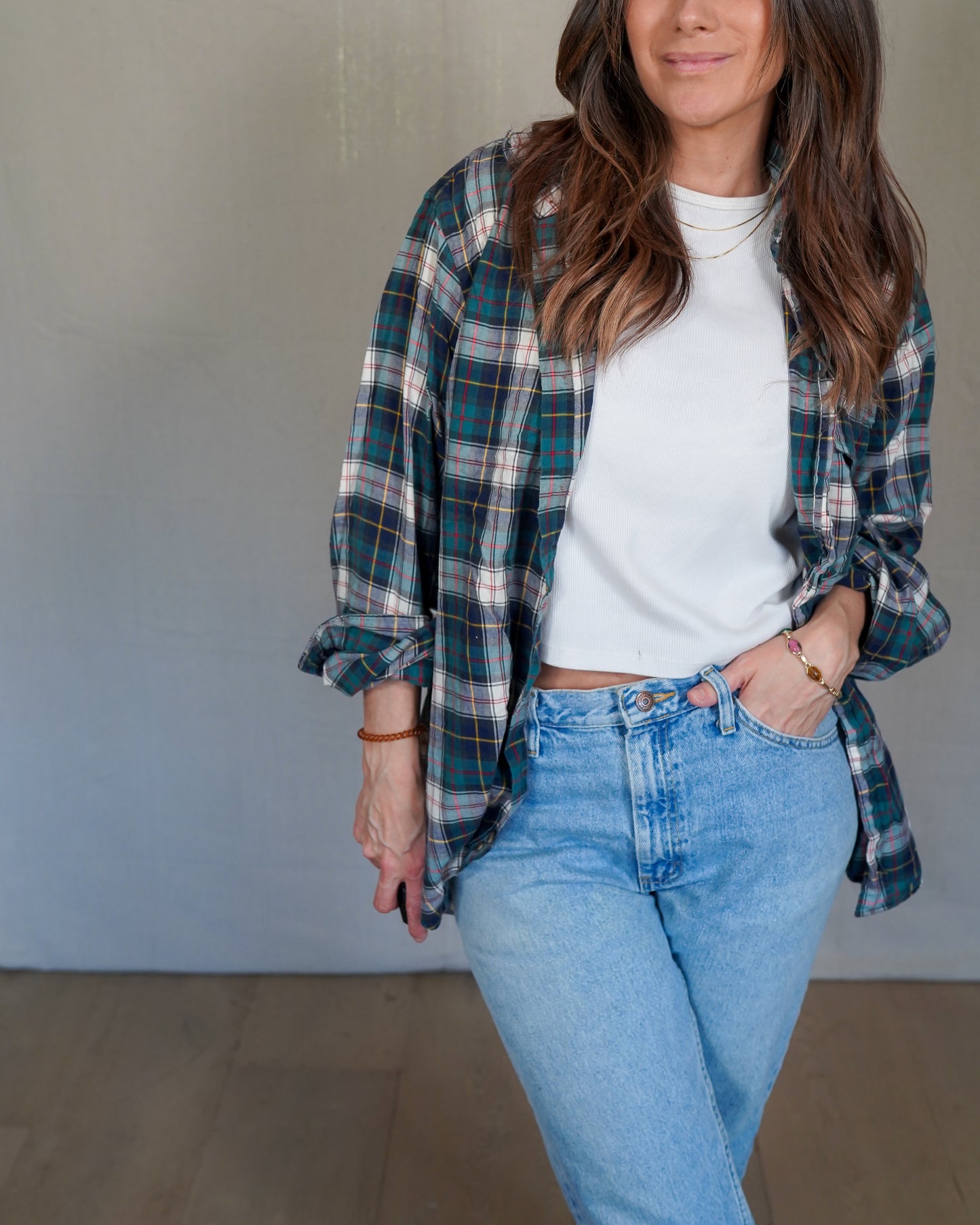 Vintage Plaid Button Down Shirt / Green Navy Tartan / 100% Cotton / Made in USA