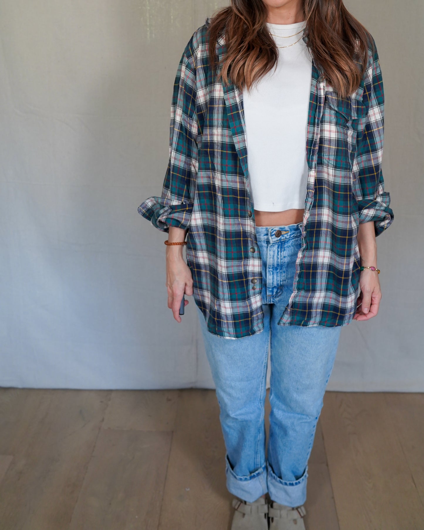 Vintage Plaid Button Down Shirt / Green Navy Tartan / 100% Cotton / Made in USA