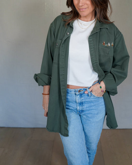 Vintage Orvis Fly Fishing Shirt – Olive Cotton Work Shirt, Embroidered Detail