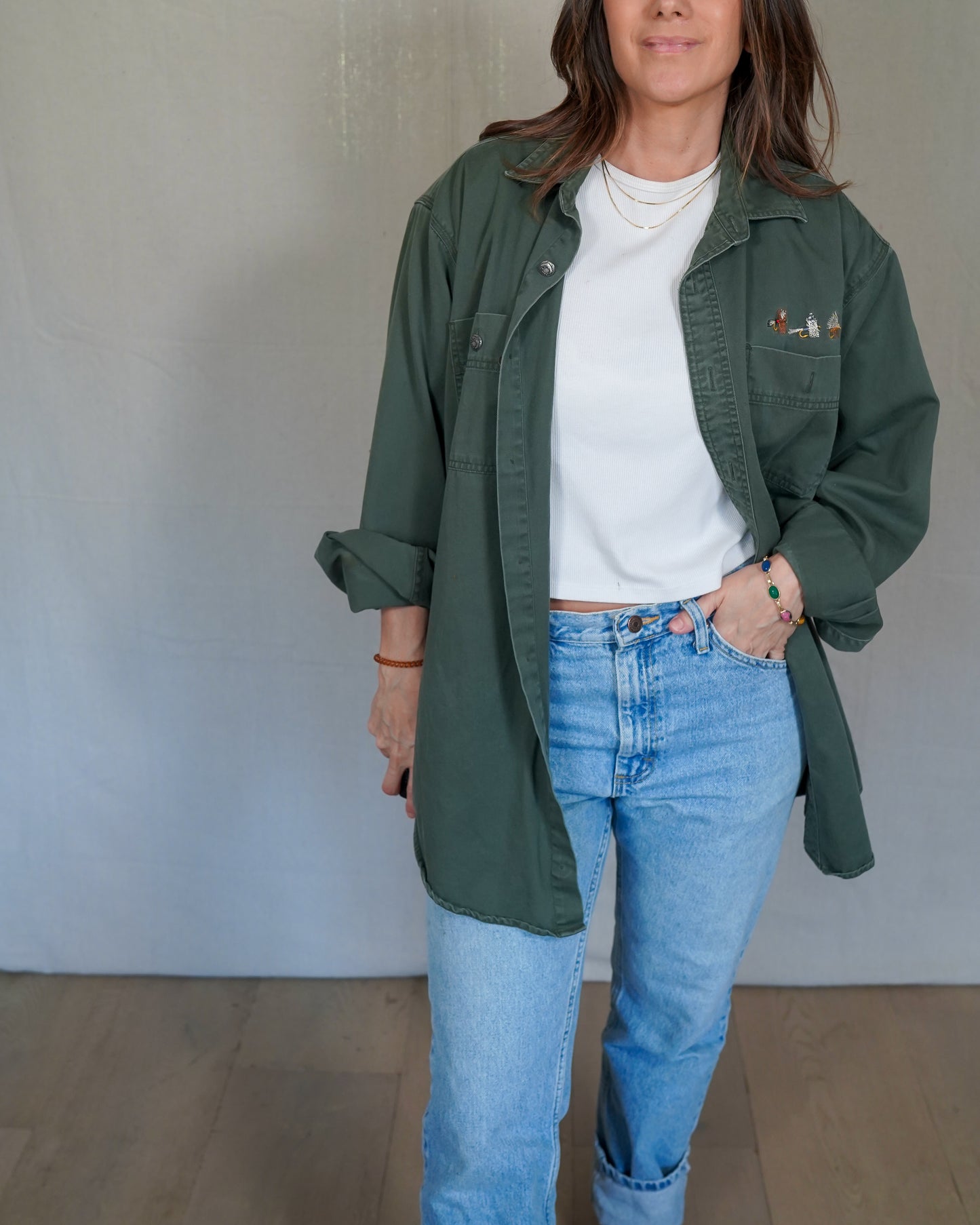 Vintage Orvis Fly Fishing Shirt – Olive Cotton Work Shirt, Embroidered Detail