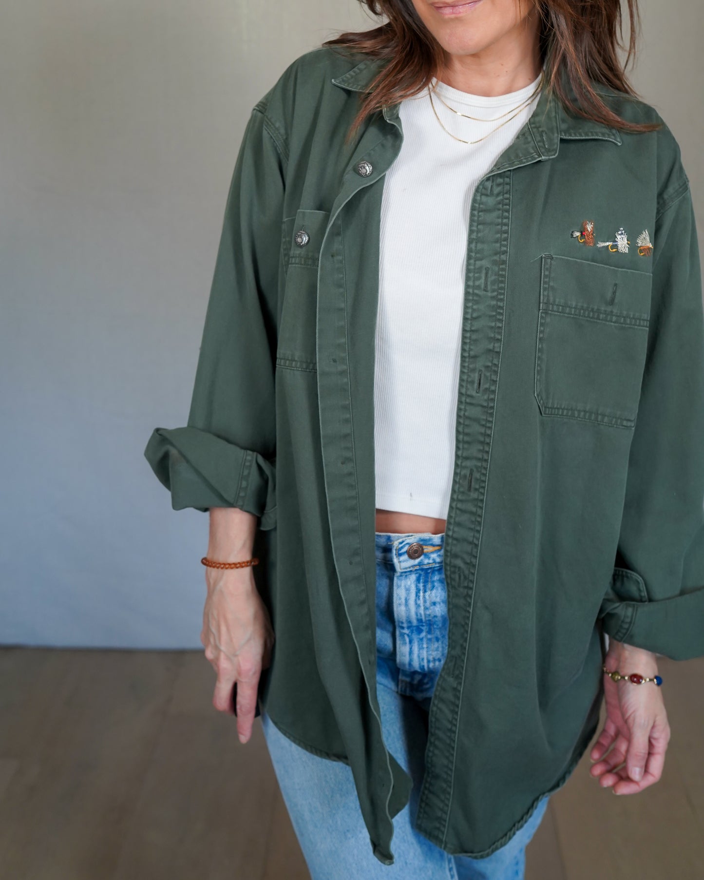 Vintage Orvis Fly Fishing Shirt – Olive Cotton Work Shirt, Embroidered Detail