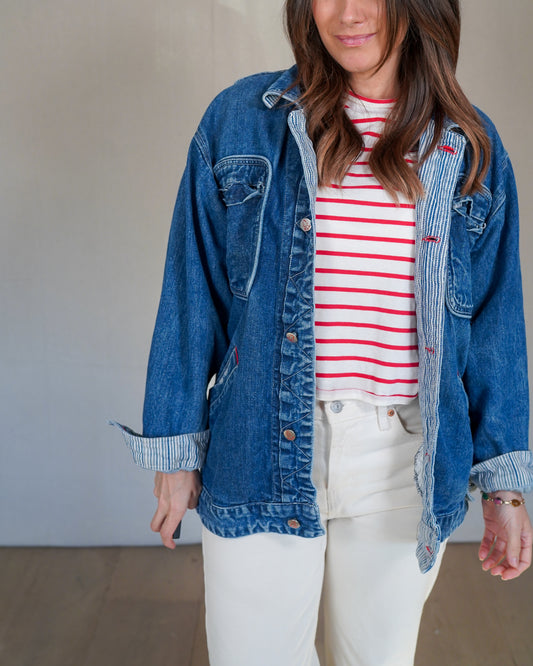 Vintage Denim Work Jacket / Chore Coat – Faded Blue, Relaxed Fit, Utility Pockets, 90s Workwear, Everyday Layer