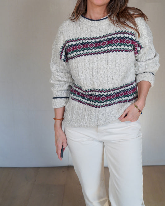 Vintage Wool Fair Isle Sweater Cream – Cable Knit Nordic Pattern, Chunky Cozy, Cottagecore Winter Knit