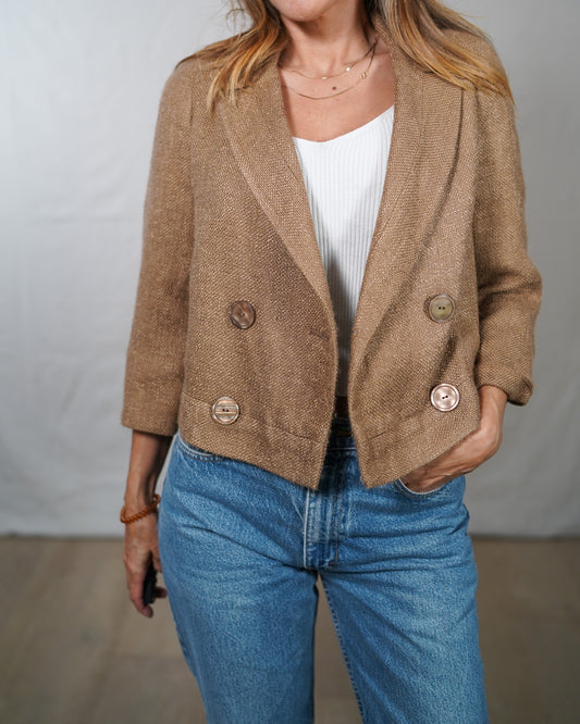 Talbots Cropped Camel Textured Blazer Jacket Boxy Minimalist Double Breasted Size 4P