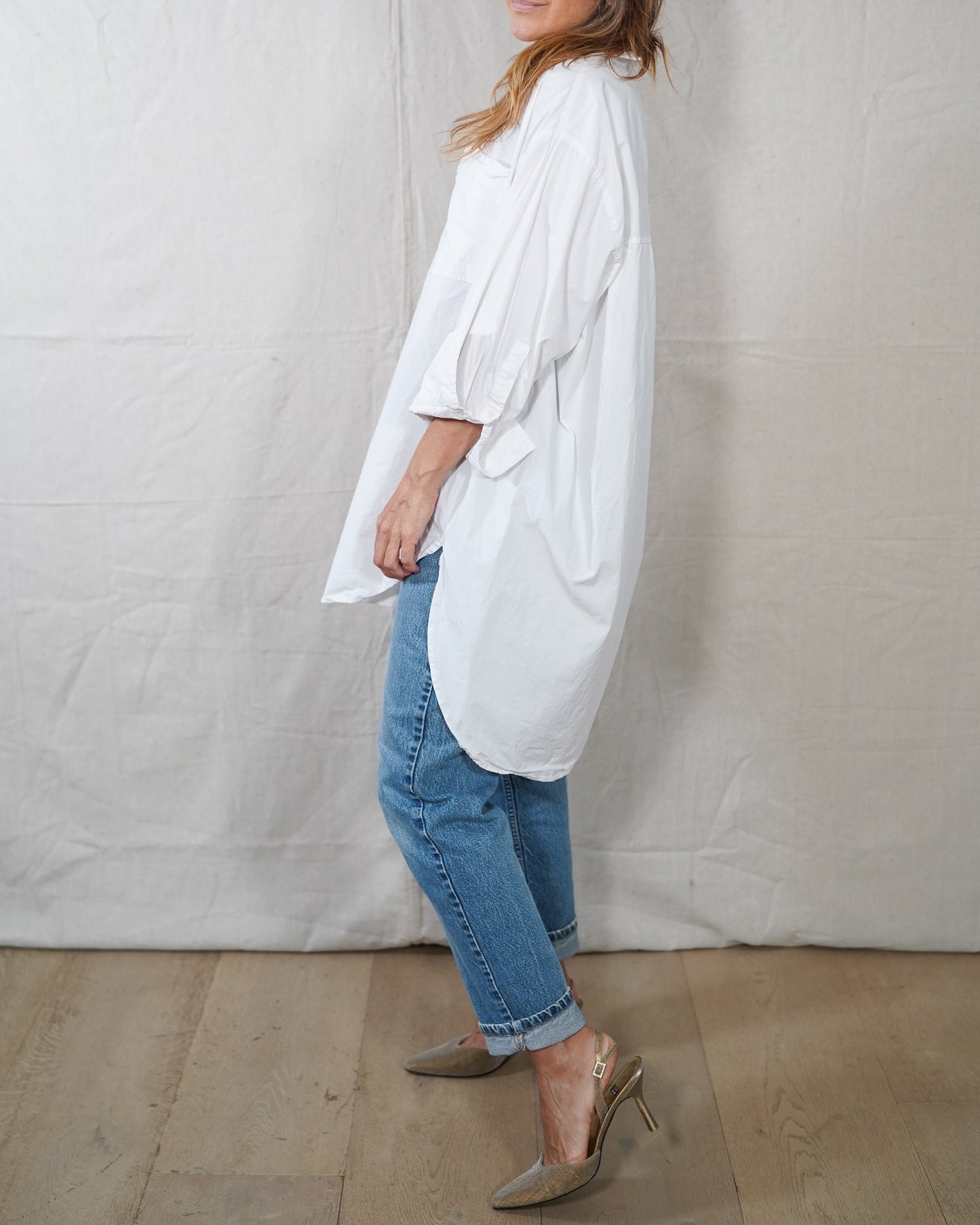 DÉLUC White Oversized Poplin Shirt Dress Tunic Button Down | Minimalist Cotton Layering Piece | Size M
