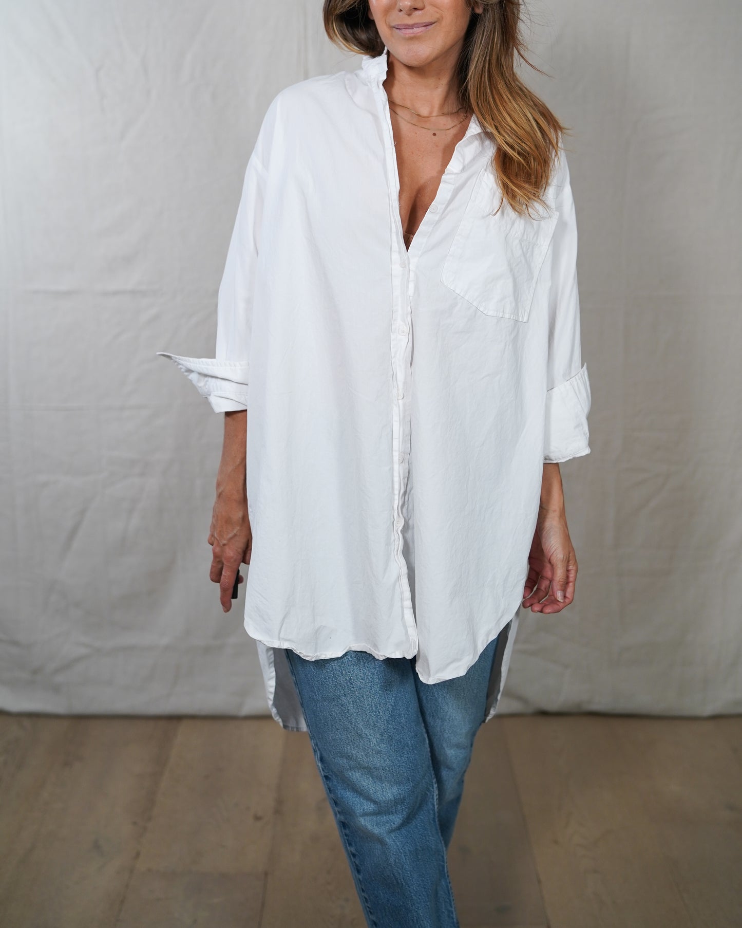 DÉLUC White Oversized Poplin Shirt Dress Tunic Button Down | Minimalist Cotton Layering Piece | Size M