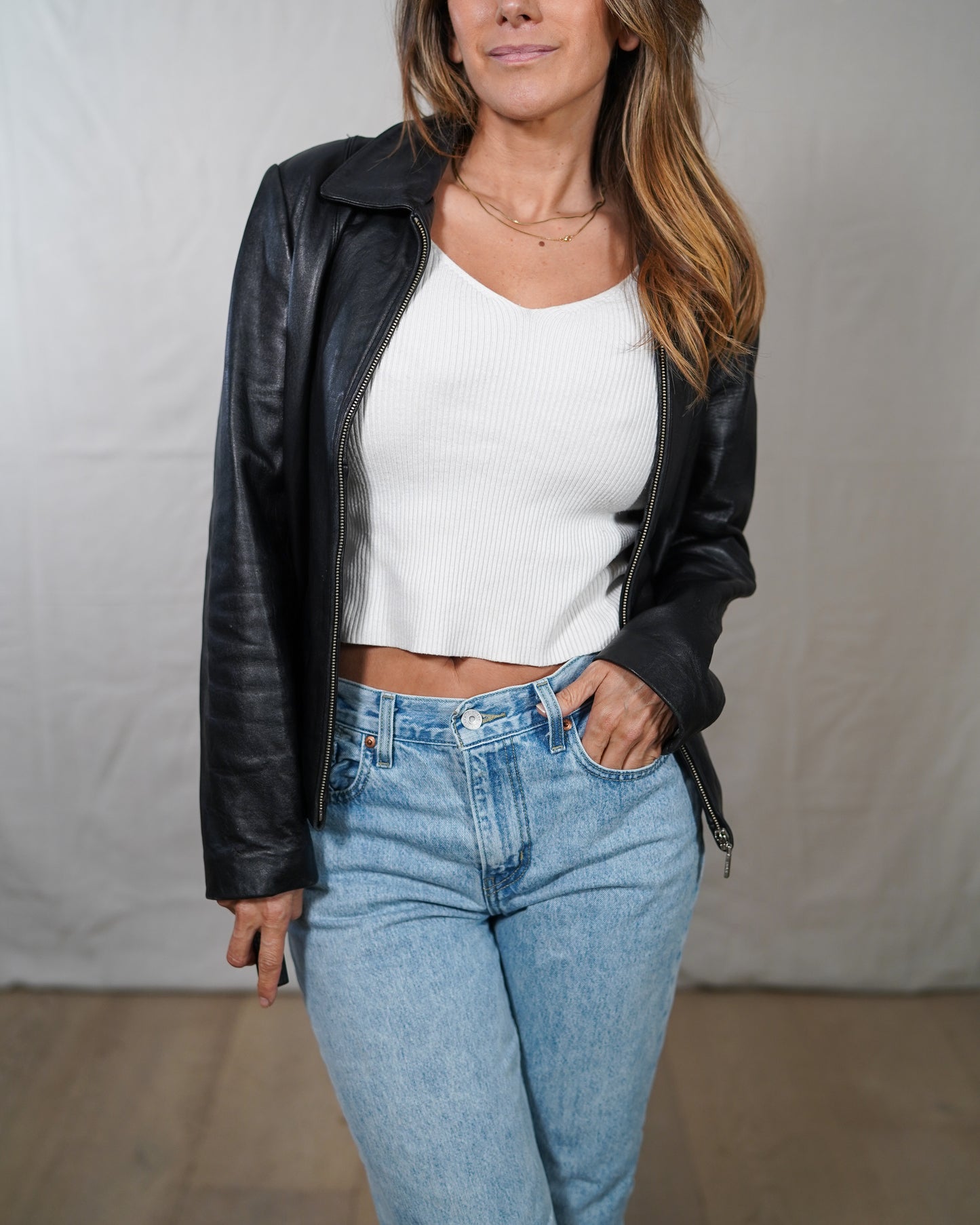 Vintage Black Leather Zip Jacket Size L