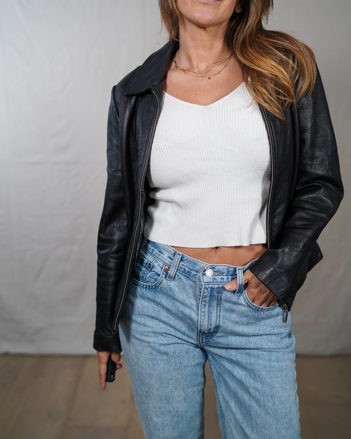 Vintage Black Leather Zip Jacket Size L