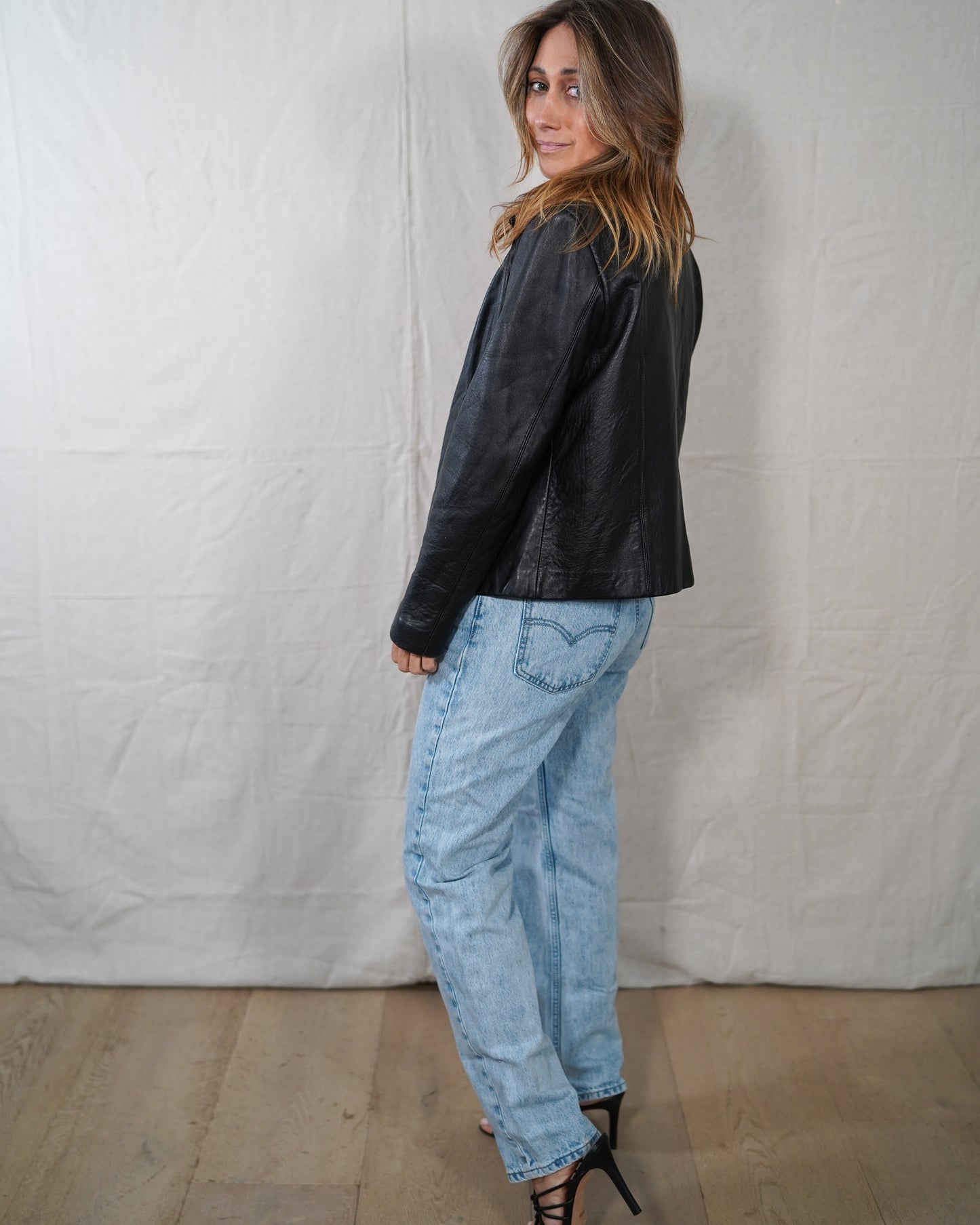 Vintage Black Leather Zip Jacket Size L