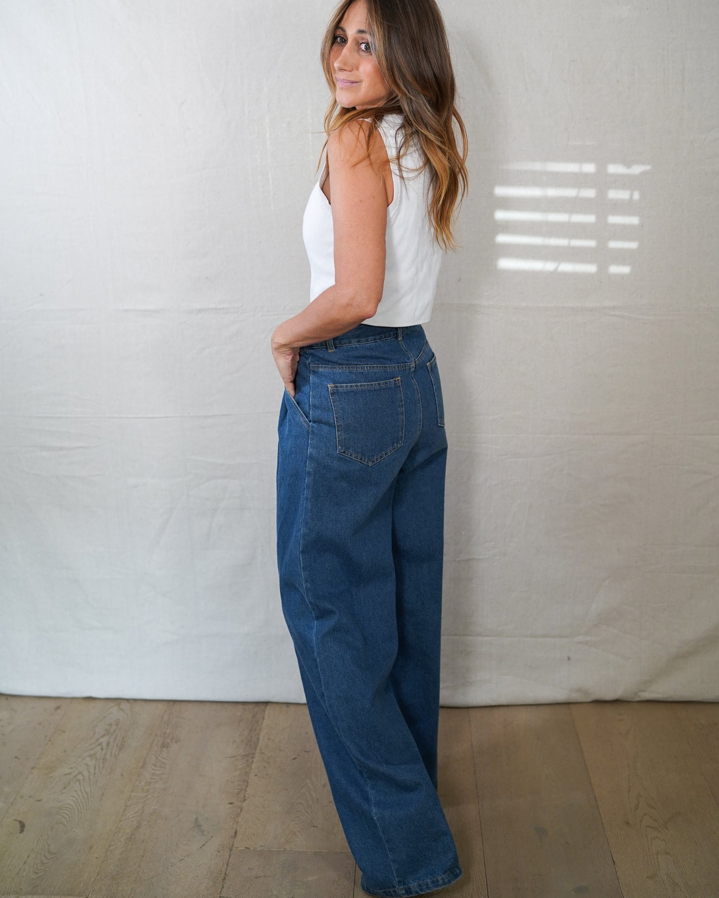 Loucia Pleated Wide Leg Denim | High Rise | Dark Wash | Size S