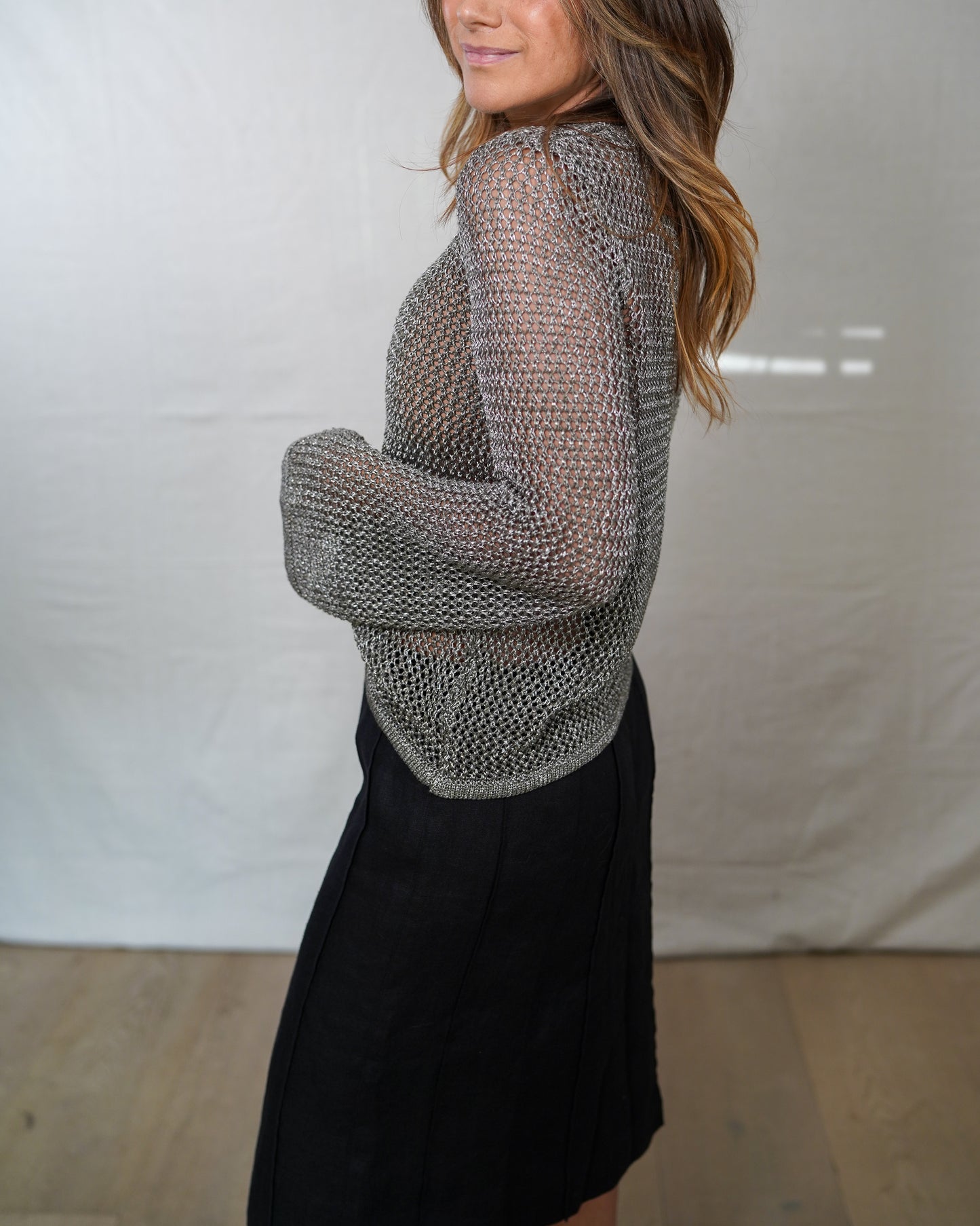 Anthropologie Metallic Open Knit Sweater Gray Size M