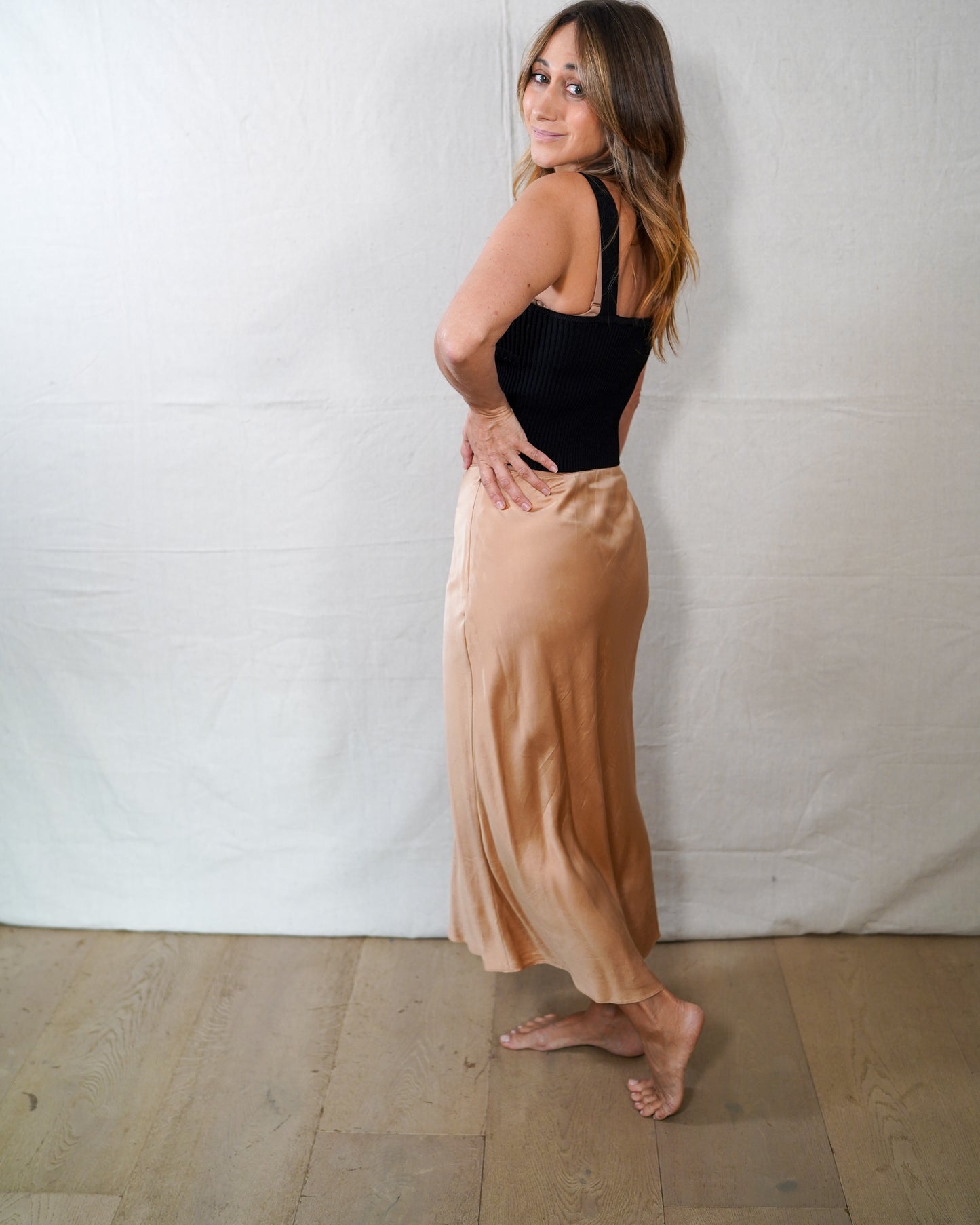 Sablyn Satin Bias Cut Maxi Slip Skirt Champagne Neutral Minimalist Medium