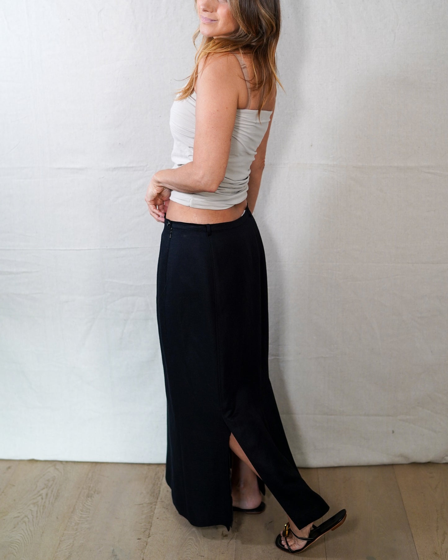 Liz Claiborne Collection Vintage Linen Blend Black Low-Slung Maxi Skirt Small