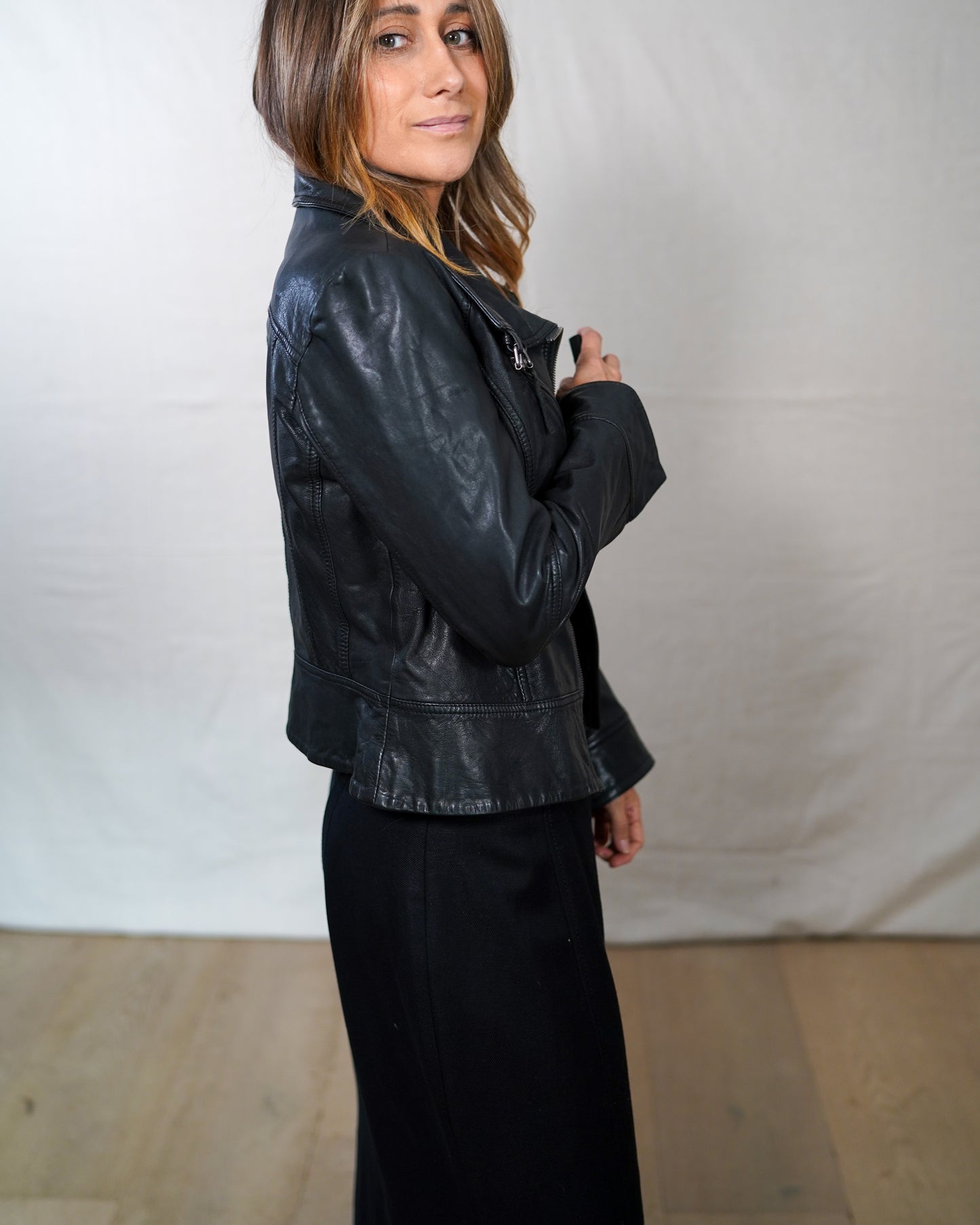 AllSaints Leather Moto Jacket Oversized Collar Black US 6